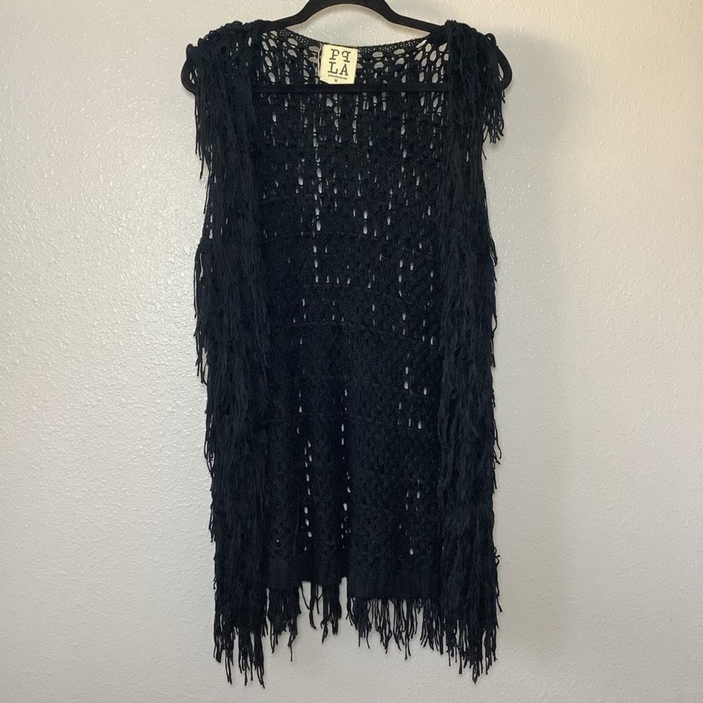 PPLA Black Boho Festival Hippie Bohemian Open Knit Fringe Long Duster‎ Vest M